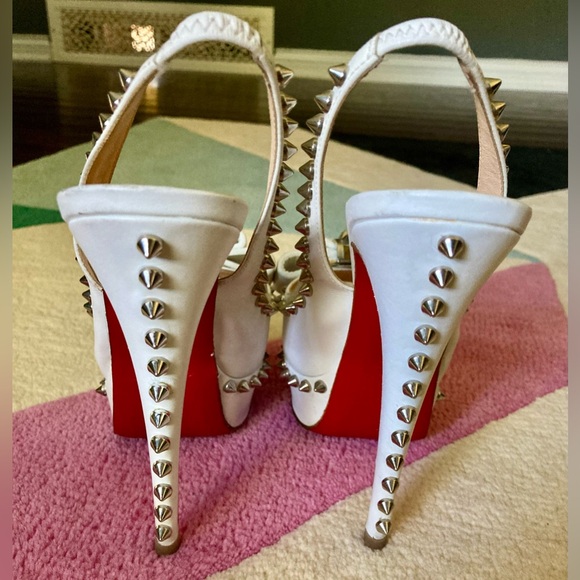 Christian Louboutin White Lady Clou 150 Spikes Studded Peep Toe Pumps Heels 37 - Picture 9 of 11